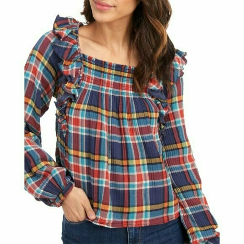 We The Free People Red Navy Plaid Long Sleeve Square Neck Ruffled Top Size XS